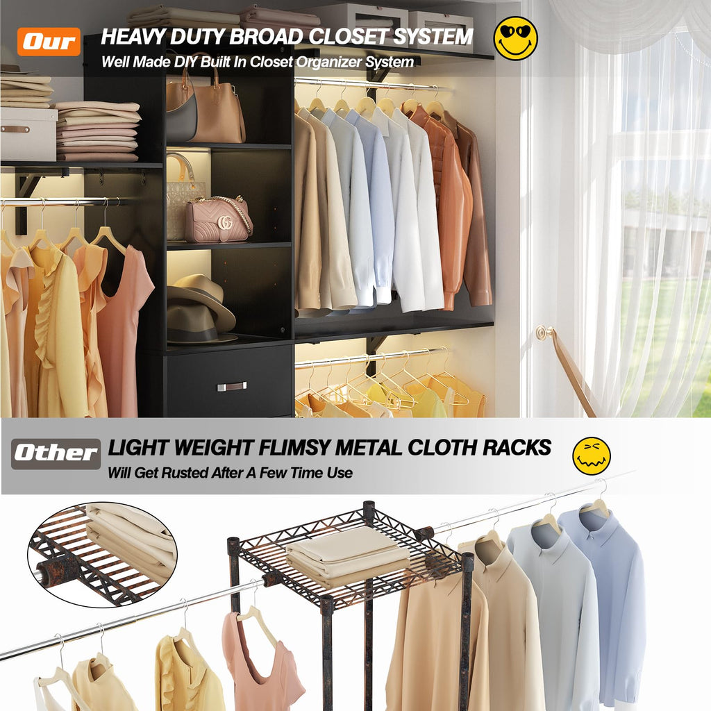 8FT Closet System, 96'' Closet Organizer System with 3 Hanging Rods, Wall Mount Bedroom Wardrobe with 3 Drawers