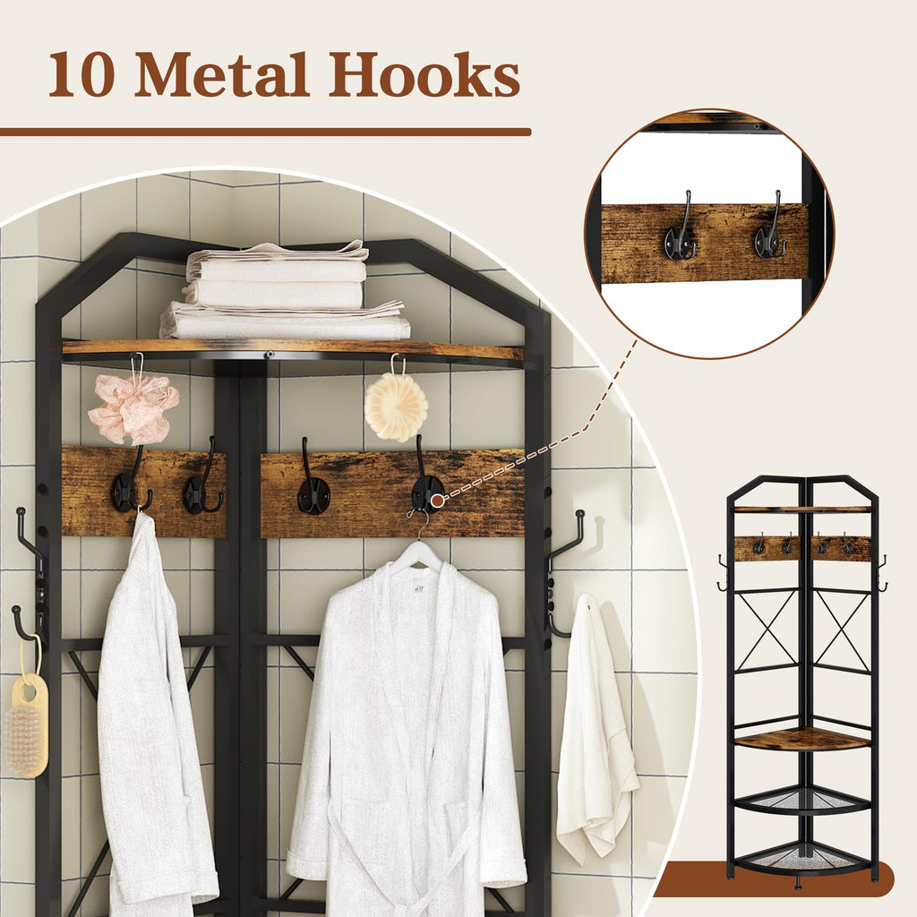 Corner Coat Rack with Storage, Entryway Corner Hall Tree with Shoe Bench and 10 Metal Hooks, Farmhouse Clothes Rack