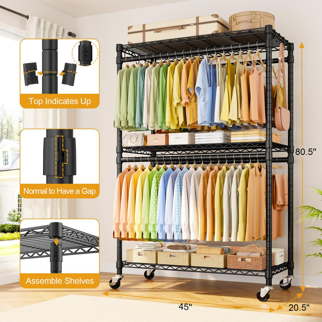 Rolling Clothes Rack, Clothing Racks for Hanging Clothes, Black