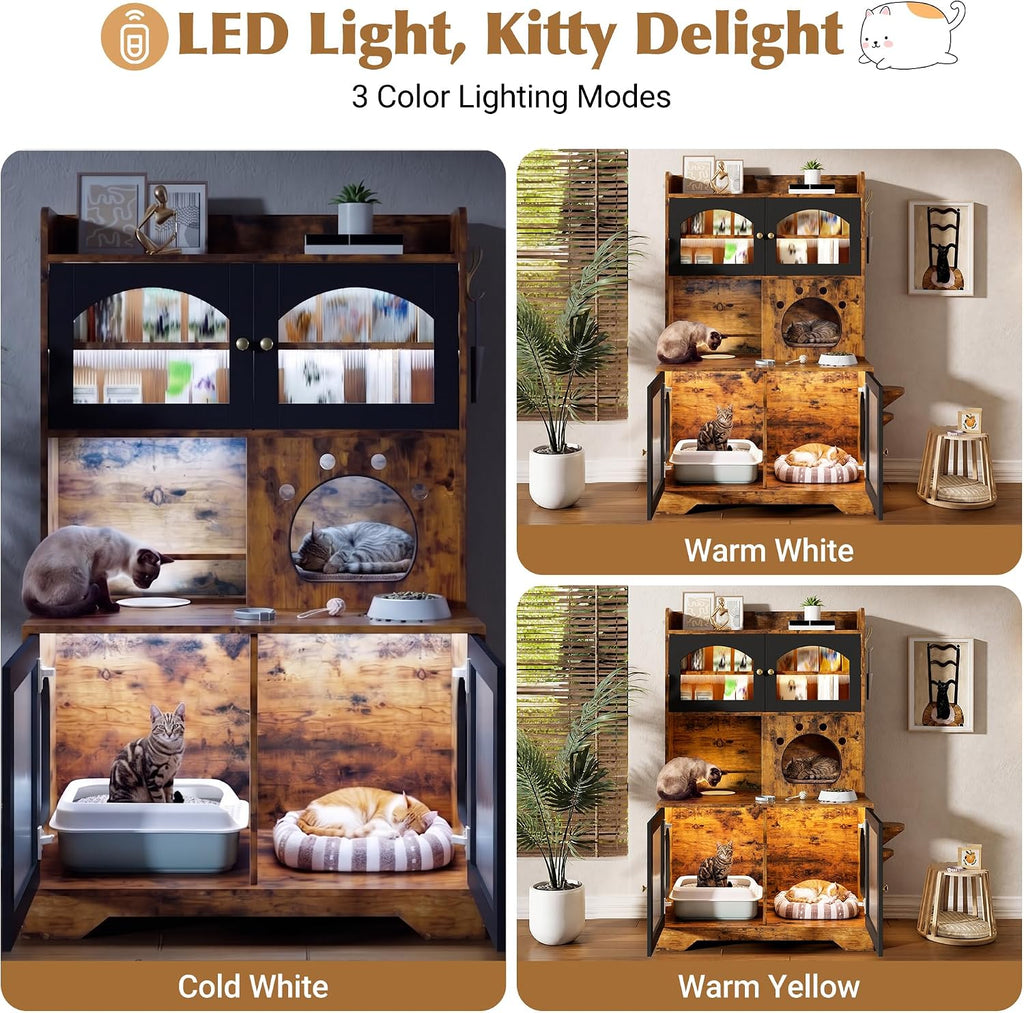 3 Tier Cat Litter Box Enclosure Furniture with Storage Cabinet