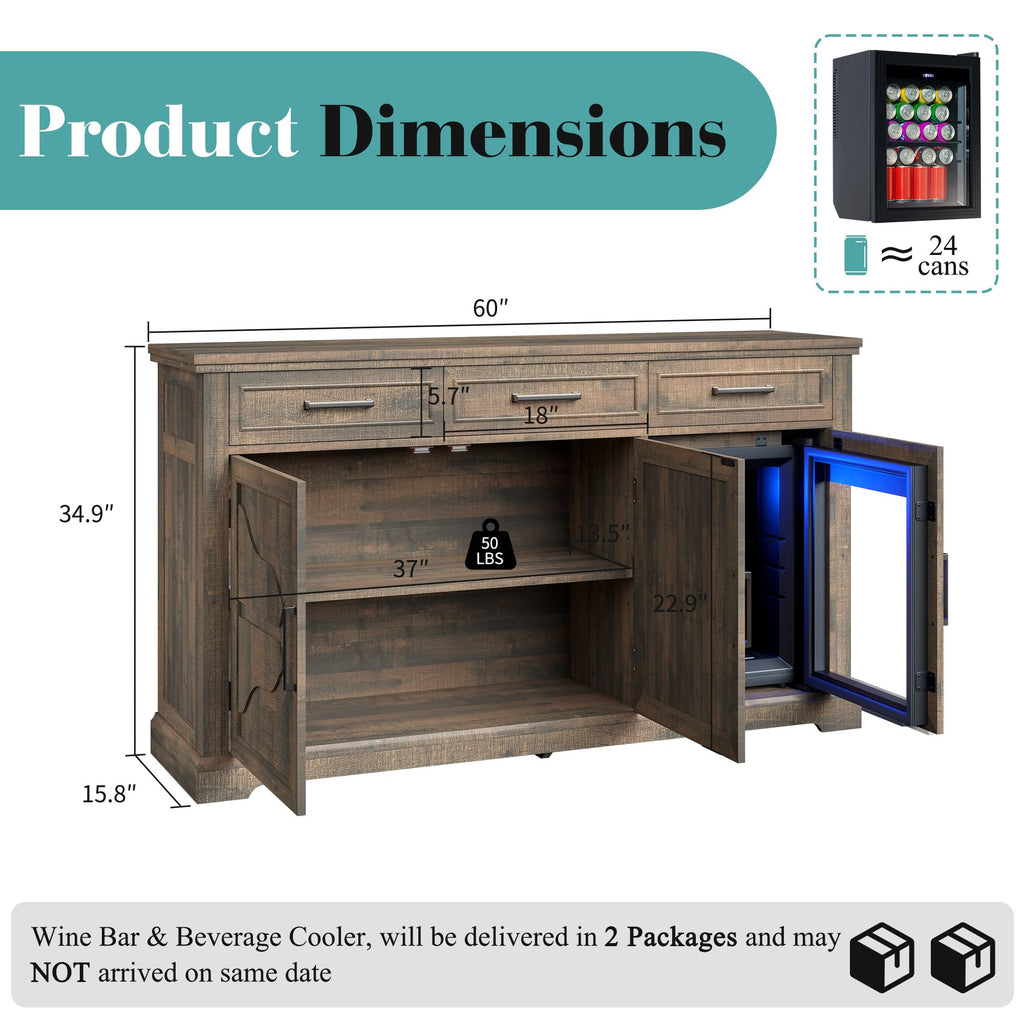 60" Coffee Bar Cabinet with Fridge, Mini Fridge Cabinet, Sideboard Cabinet