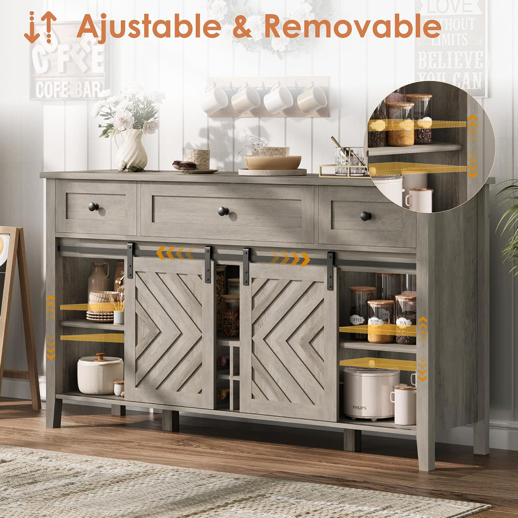 Farmhouse 47.2'' Buffet Cabinet with Sliding Barn Door, 33.4'' Tall Wood Rustic Sideboard with 3 Drawer, Adjustable