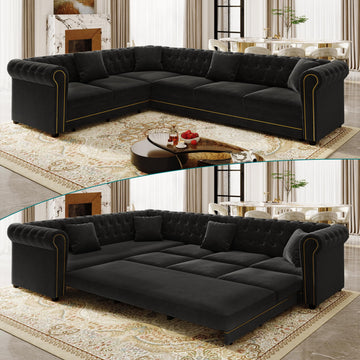 115.3" Sectional Sleeper Sofa with Pull Out Bed, Oversized Comfy Button-Tufted Velvet L Shaped Convertible Sleeper