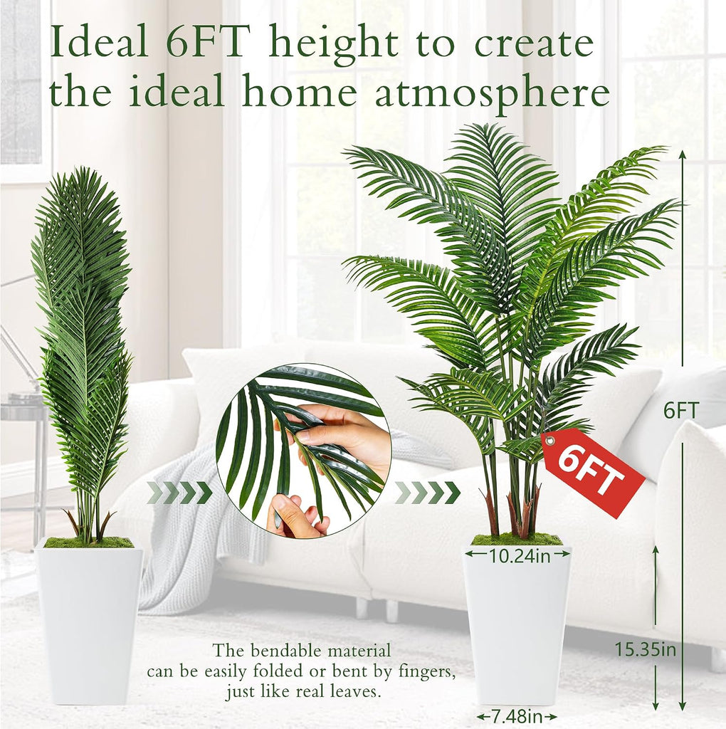 6FT Artificial Palm Tree with Tall White Planter, Floor Plant