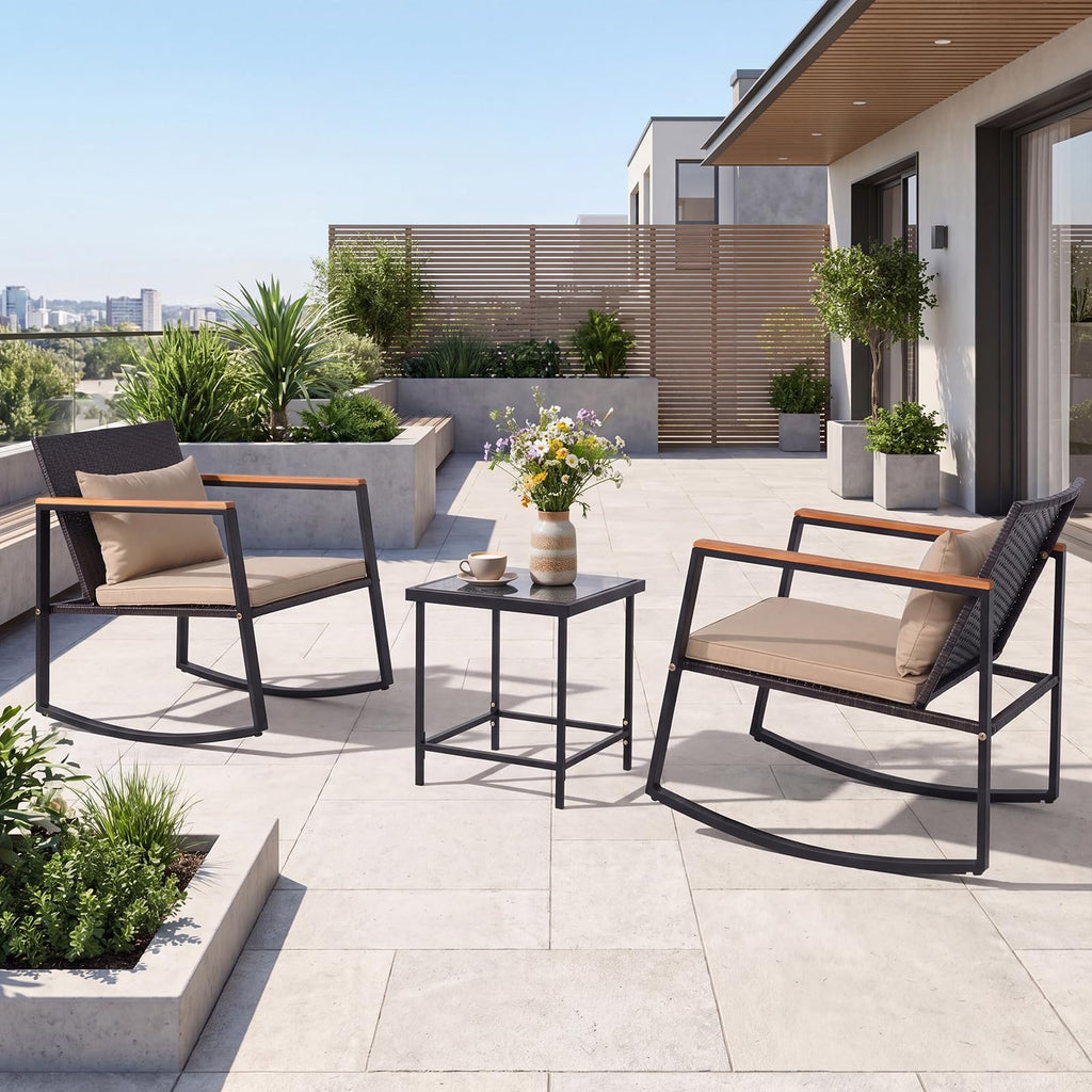 3-Piece Outdoor Rocking Chair Set, Beige Cushion & Natural Armrest