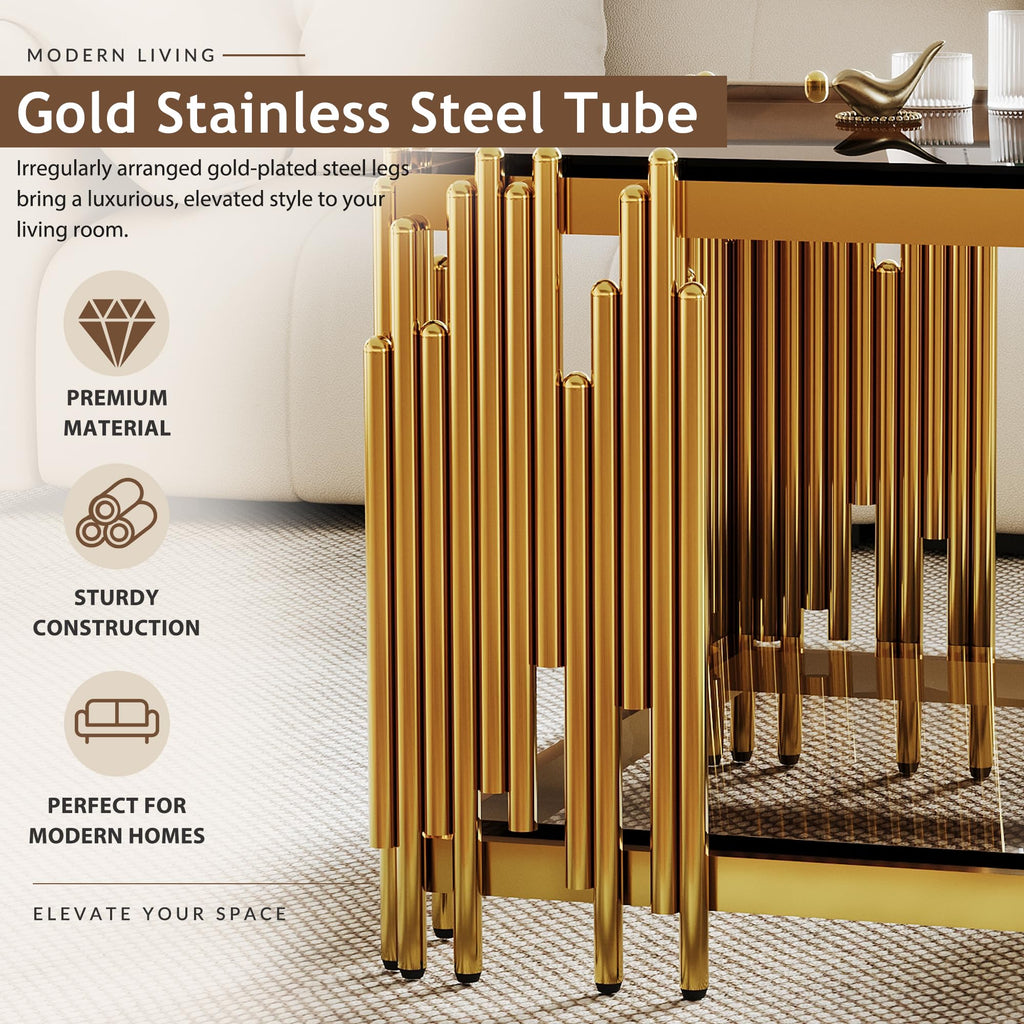 43" Luxury Gold Coffee Table with Brown Glass Tabletop & Gold Base
