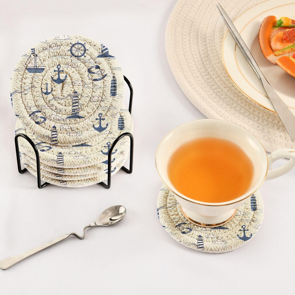 Nautical Lighthouses Drink Coasters Set - 6 Pcs Minimalist Woven Coasters with Holder Decor, 3.94 Inch Absorbent