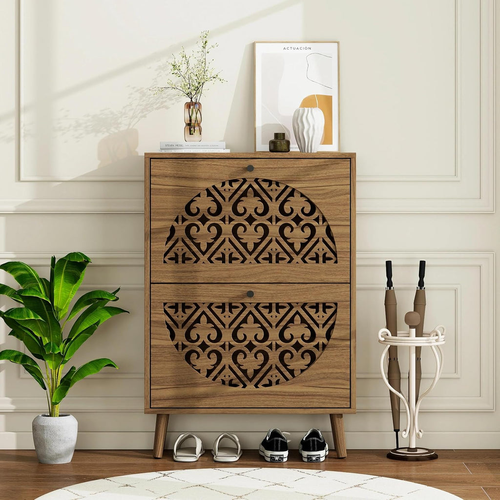 6.7" Ultra-Slim Shoe Cabinet with 2 Flip Drawers, Walnut | Heart-Shaped Hollow-Carved Entryway Organizer for Heels &
