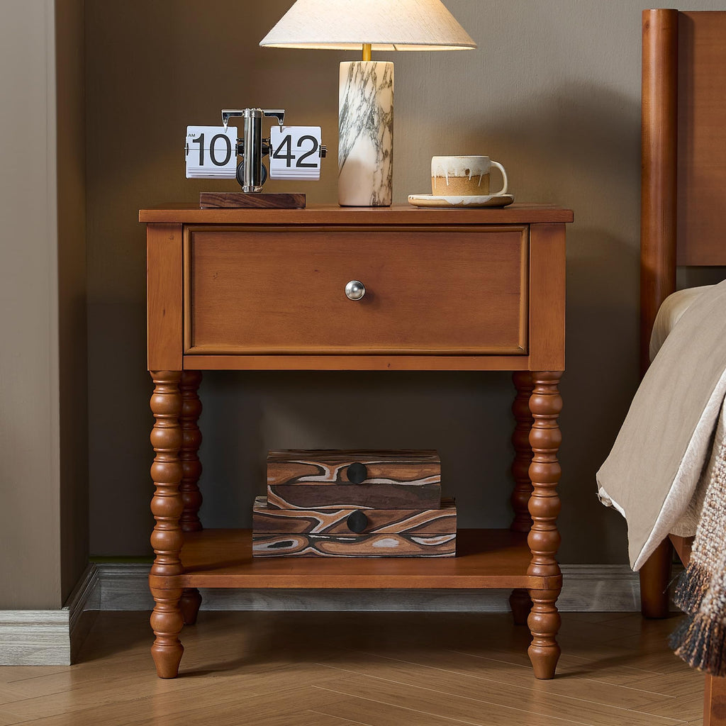 Walnut Nightstand Set of 2, Solid Wood Bedside Table, Brown 24"