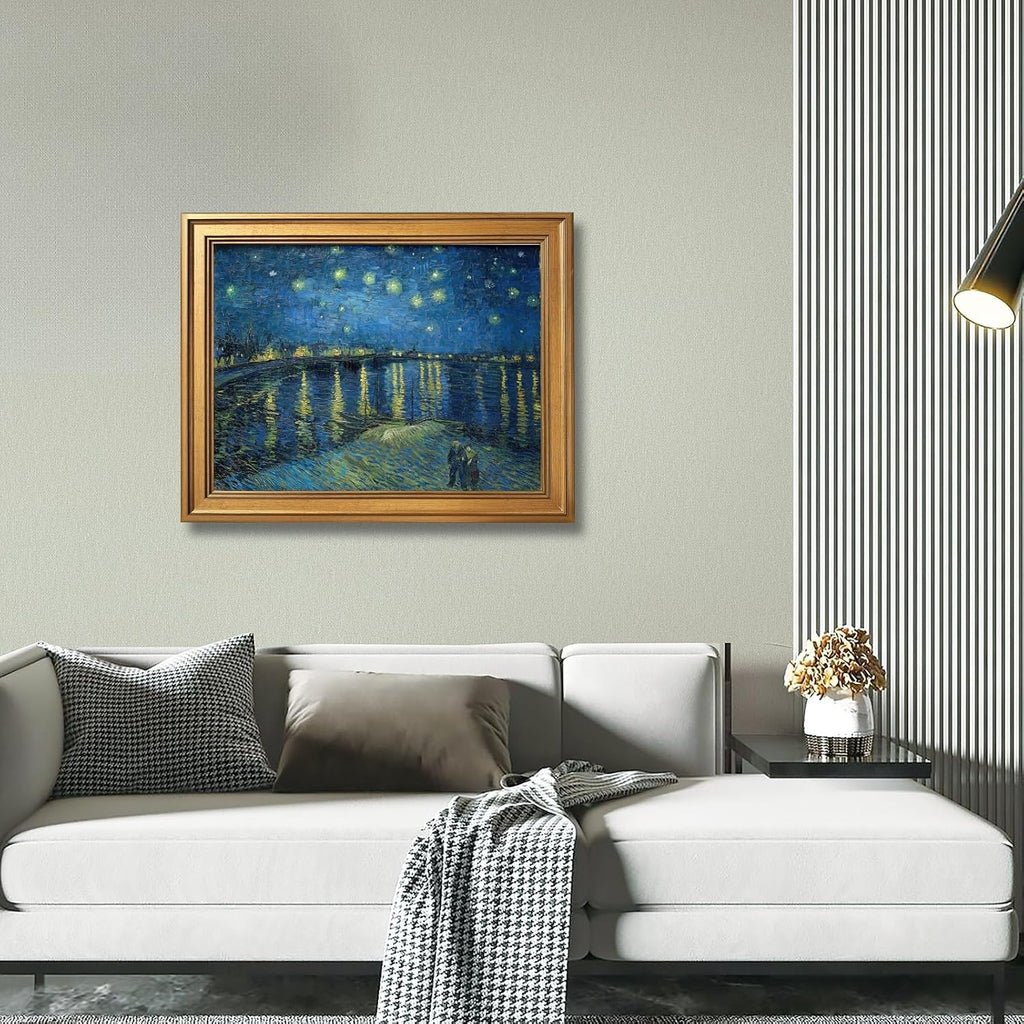 Gold Framed Starry Night by Vincent Van Gogh Poster Night View Wall Art Vintage Famous Oil Paintings Reproduction