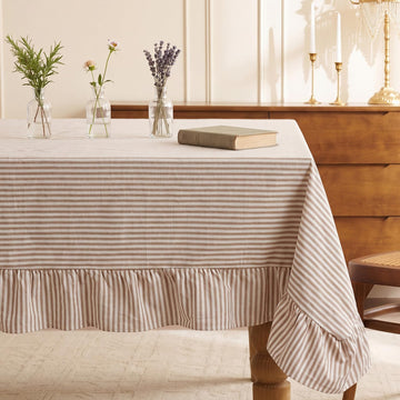 60 x 120 in Farmhouse Ruffle Striped Tablecloth, Cream Brown, Striped