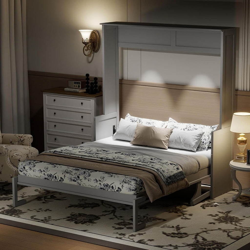 Queen Murphy Bed with Desk, Hideaway Wall Bed Frame with LED Lights and USB Ports, Folding Murphy Cabinet Bed for