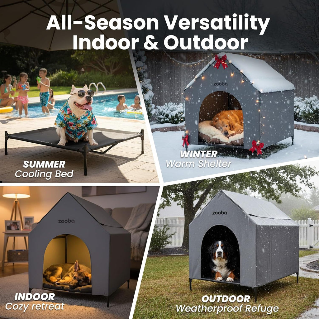 Large Dog House Outdoor, 36in Elevated 2-in-1 Cot & Canopy