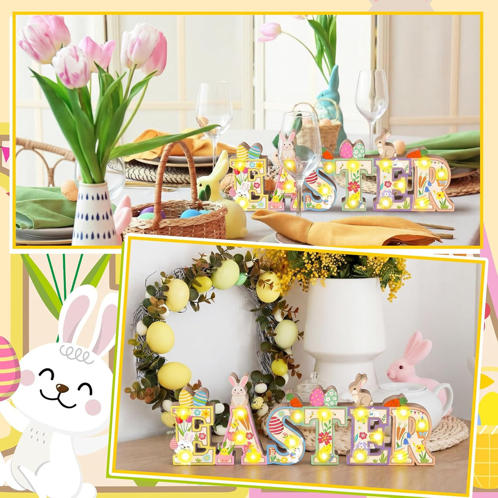 Easter Table Decoration Wooden Sign with LED Lights Easter Lighted Decor Rustic Farmhouse Table Centerpiece with 3D
