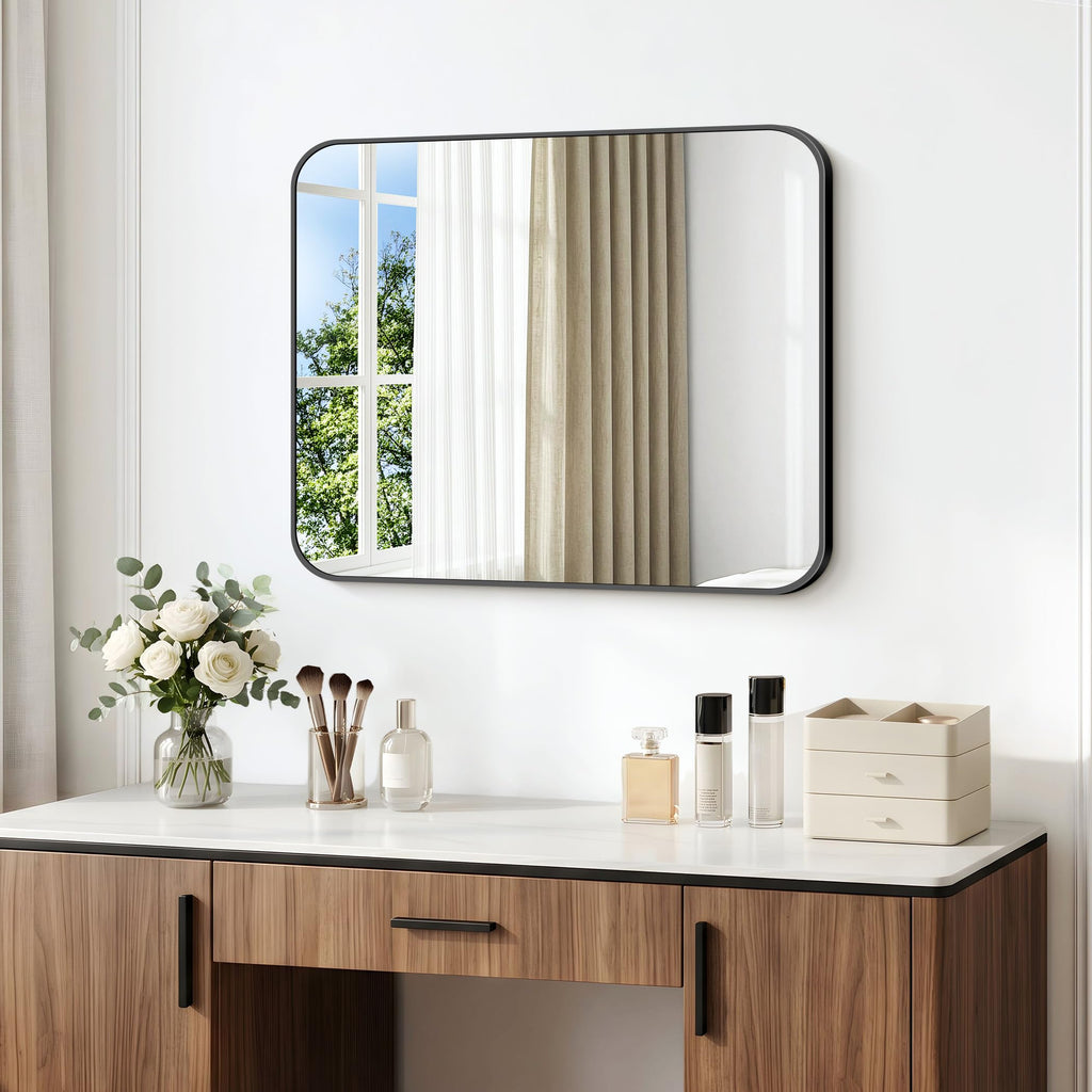 24x30 inch Bathroom Mirror 2-Pack,Black Rectangle Mirror,Wall Mounted Bathroom Frame Vanity Mirror with Round Corner