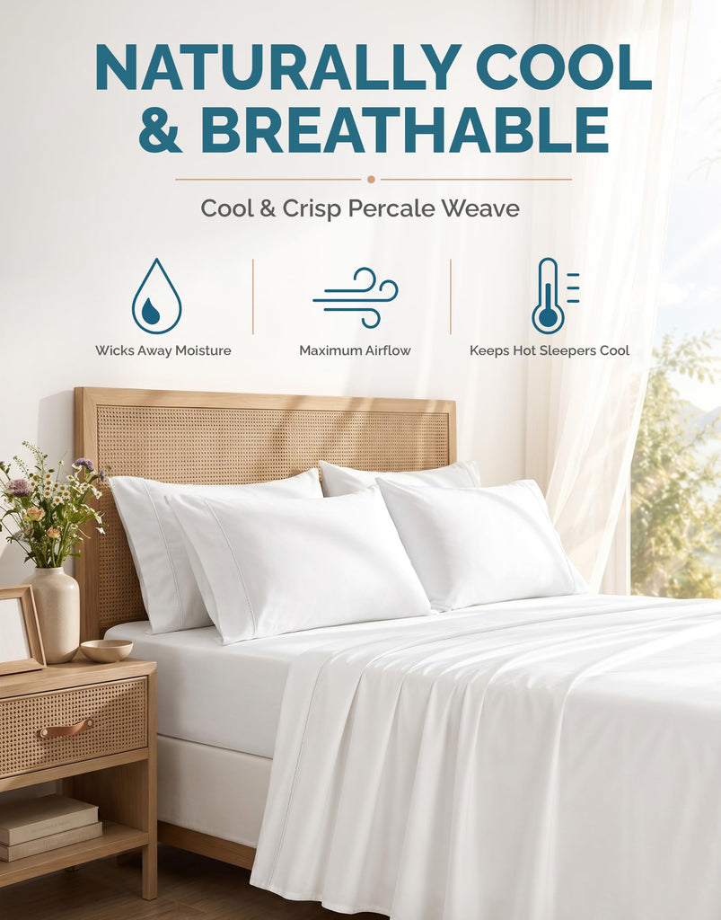 Sheets Set -100% Cotton Sheets with 4 Pillowcases, Lightweight Feel & Secure Fit, Crisp & Breathable