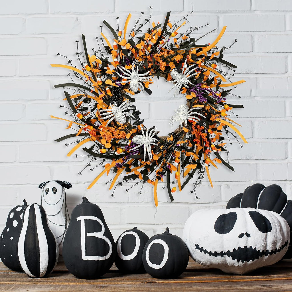 Halloween Wreath 23inch Artificial Spider Wreath with Handmade Black Orange Leaves Orange Purple Berries Teeth Front