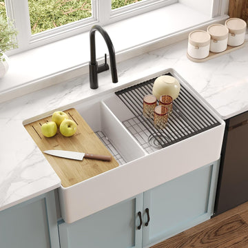 Double Bowl Workstation Kitchen Sink 36 Inch | Fireclay Deep Farmhouse Apron Front Kitchen Sinks, White Undermount