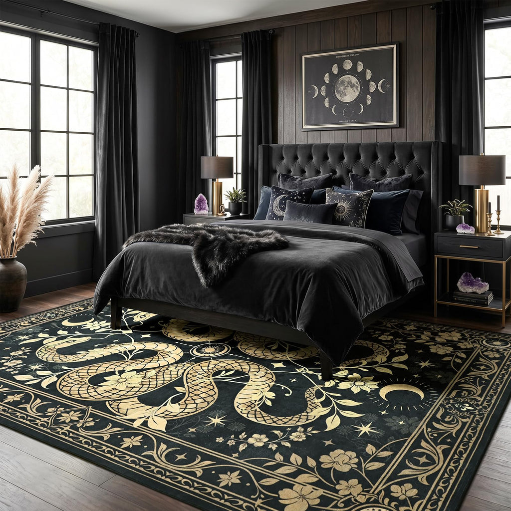 6x9 Washable Snake Rug, Gothic Large Carpet Black