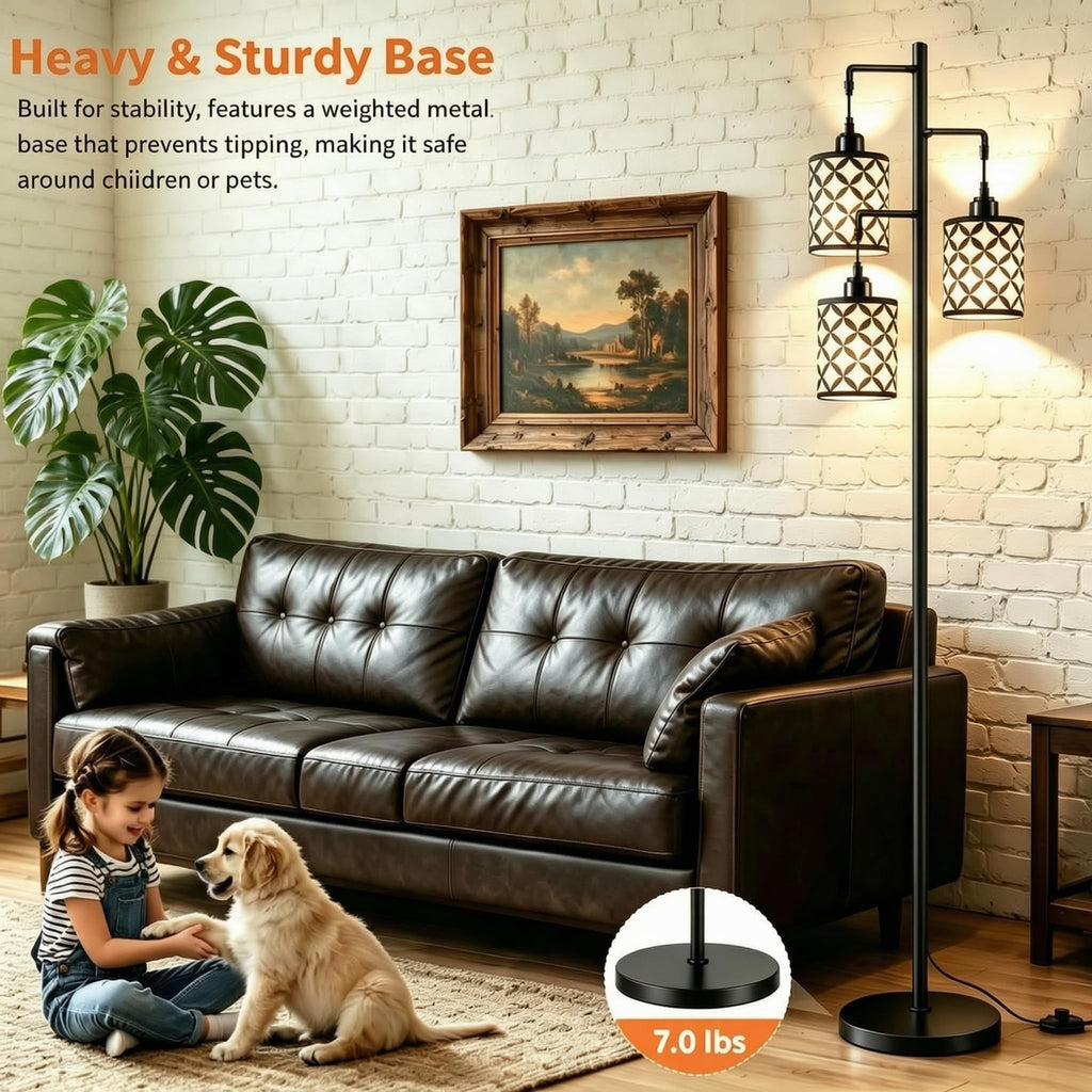 72" Dimmable Floor Lamp with Remote & Timer, Industrial Farmhouse Rustic Standing Lamp Bedroom, 3 Individually
