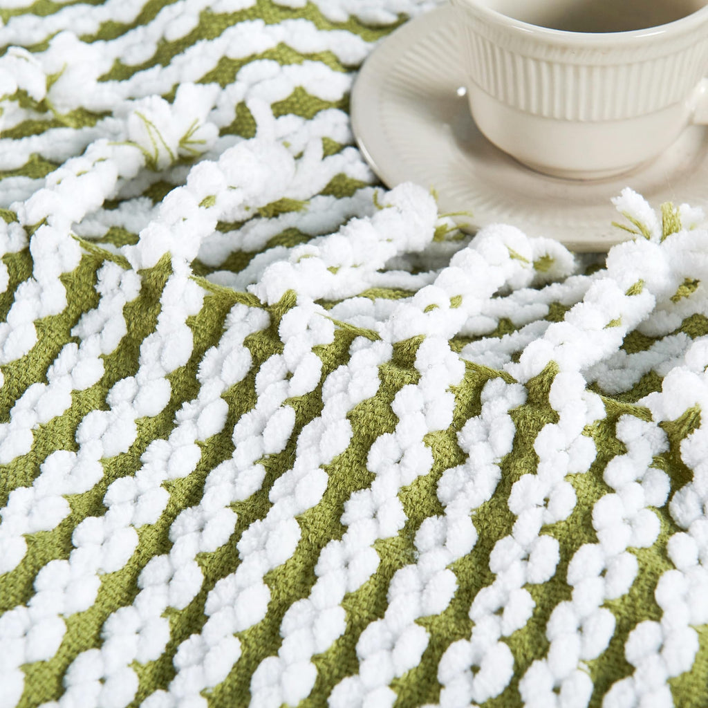 Striped Knit Throw Blanket with Braided Tassels 50" x 60", Hand Knitted Soft Chunky Chain Design Boho Farmhouse