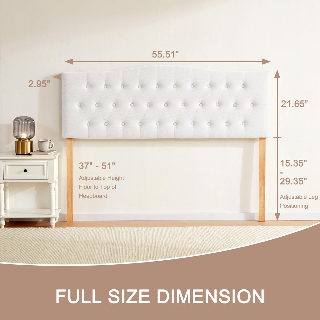 Tufted Headboard Full Size, Solid Wood Adjustable Height Head Board, White