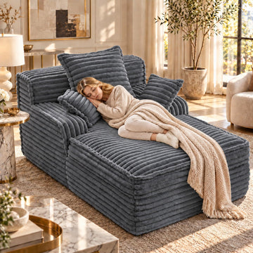 Updeta Boneless Chaise Lounge Chair Indoor, Corduroy Oversized Sleeper Chair with 3 Pillows & Wide Armrest, Comfy