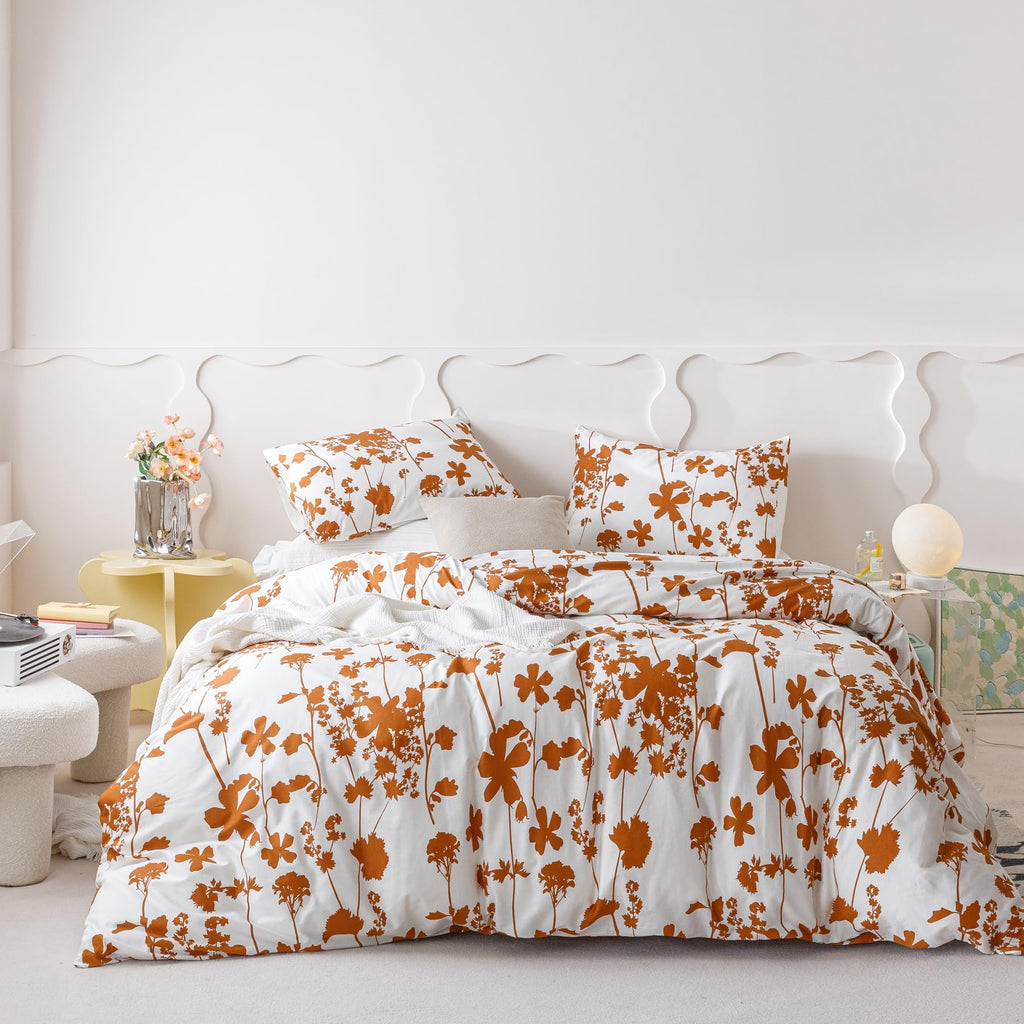 100% Cotton Duvet Cover 3 Pieces Set 1 Terracotta Botanical Patterned Duvet Cover with Zipper Ties 2 Pillowcases