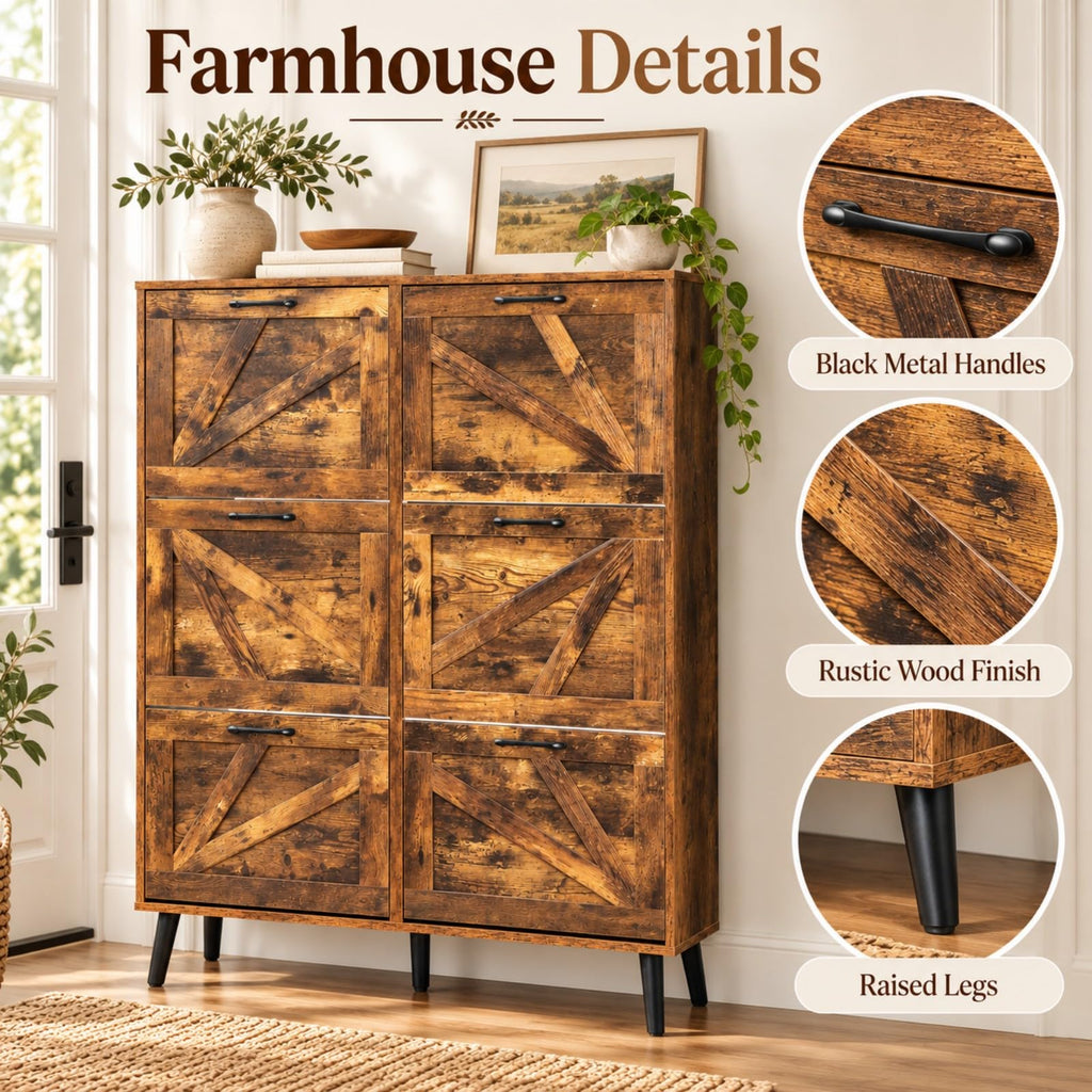 6 Flip Drawer Shoe Cabinet, Barn Door Entryway Storage, Rustic Brown