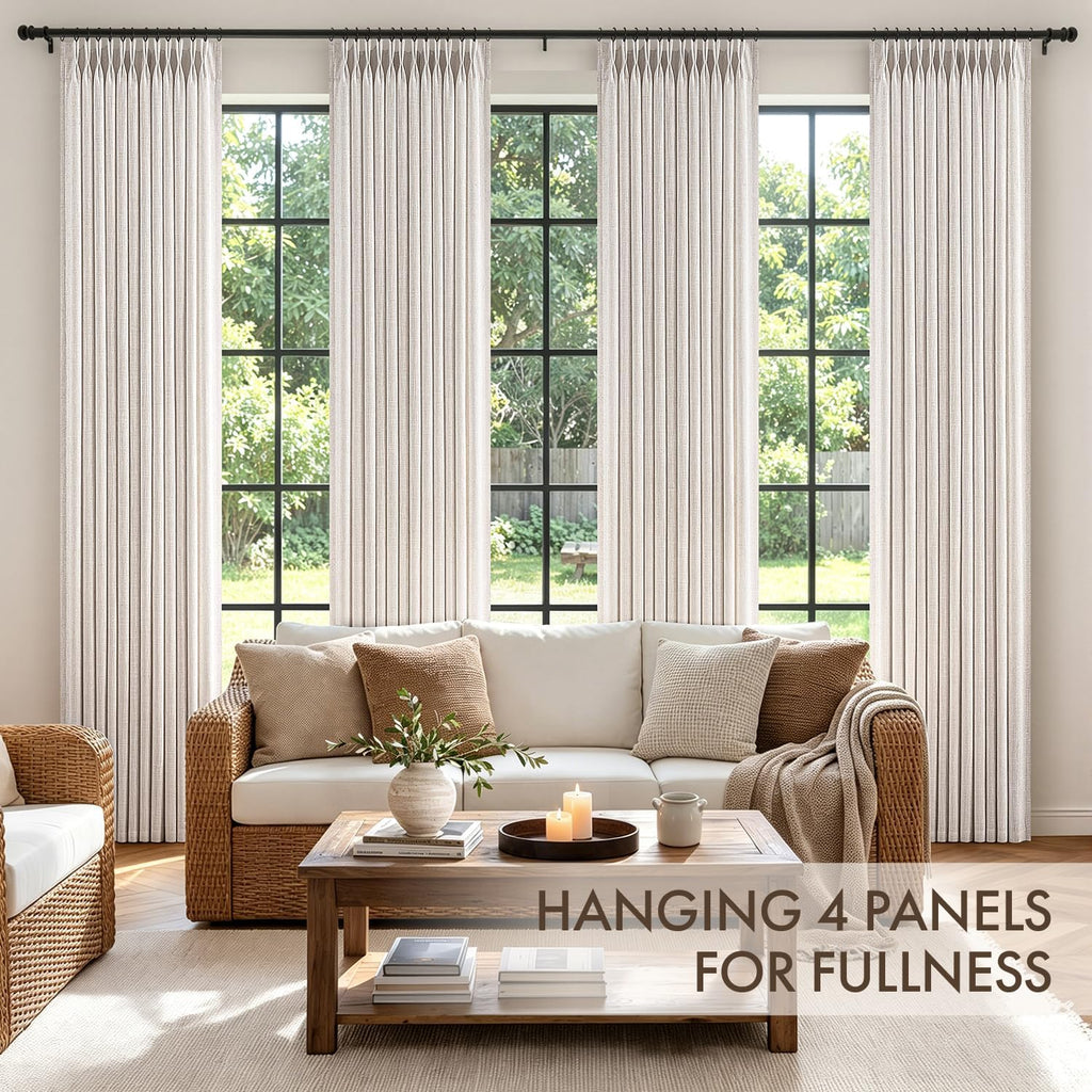 4 Panels Set Pinch Pleated Linen Curtains 90 Inches Long for Living Room Bedroom, Thick Linen Textured Memory Trained