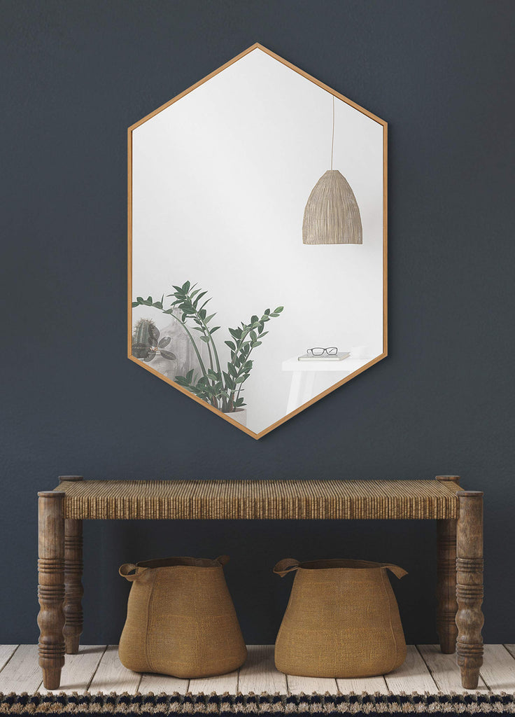 Rhodes Modern Hexagon Wall Mirror, 22 x 31, Natural Teak, Chic Geometric Mirror for Wall