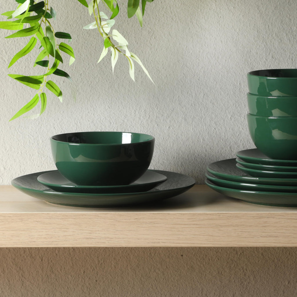Simple Essential (Service for 4) 12 Piece Plates and Bowls Porcelain Solid Color Dishes Ceramic Dinnerware Set