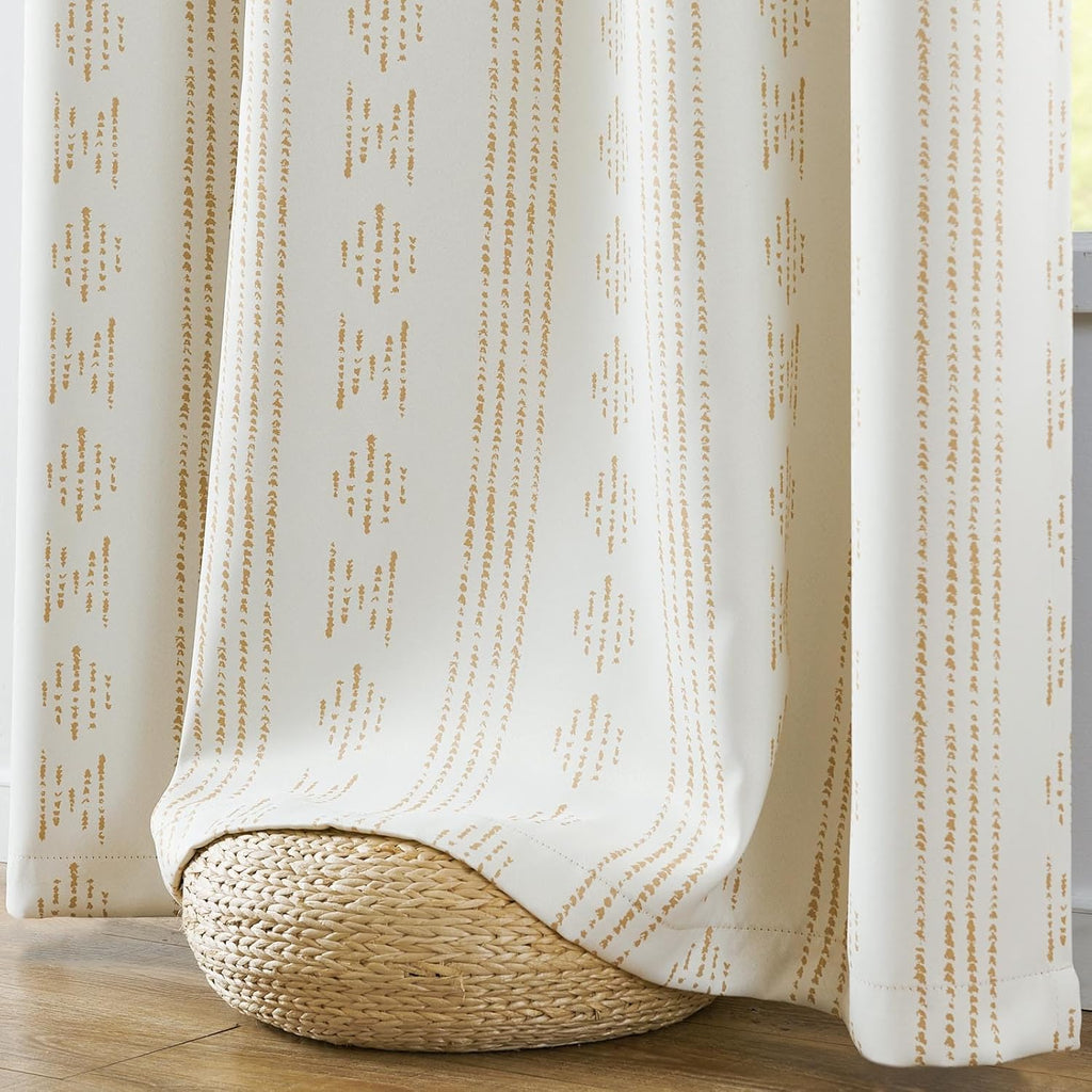 95% Blackout Boho Curtains 84 Inch Longes for Bedroom Beige Geometric Printed Grommet Top Room Darkening Thermal
