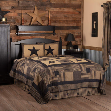 Black Check Star 2 Piece Quilt Set Country Rustic Primitive Design, Black and Tan