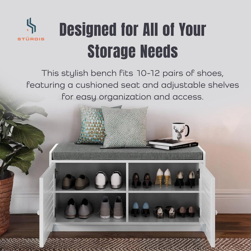 Shoe Storage Bench - Adjustable Shelves & Cushion Seat, White