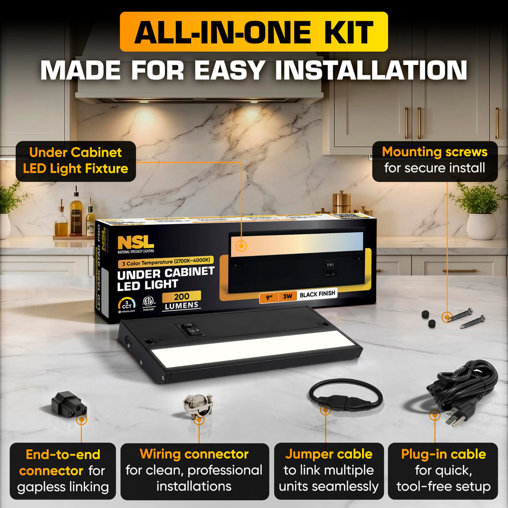 LED Under Cabinet Lighting Hardwired - 9 Inch Black