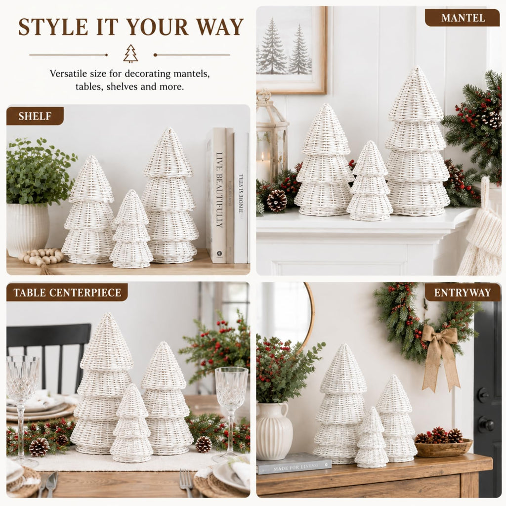 3 Pcs Woven Rattan Christmas Tree Decor, Classic Weave, White