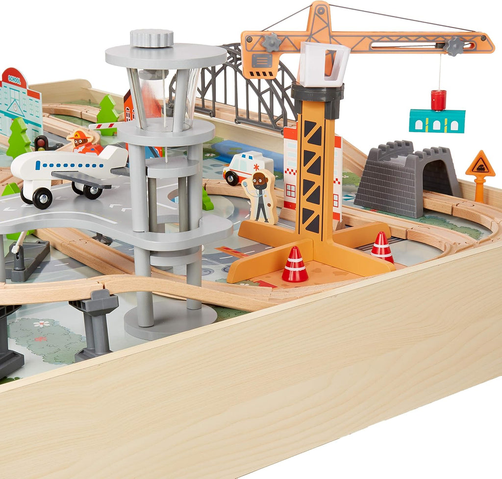 120 Piece Wooden Train Set with Activity Table, Sturdy Tracks, Storage Bin, Easy to Assemble, Kids Gift for Age 3Y+