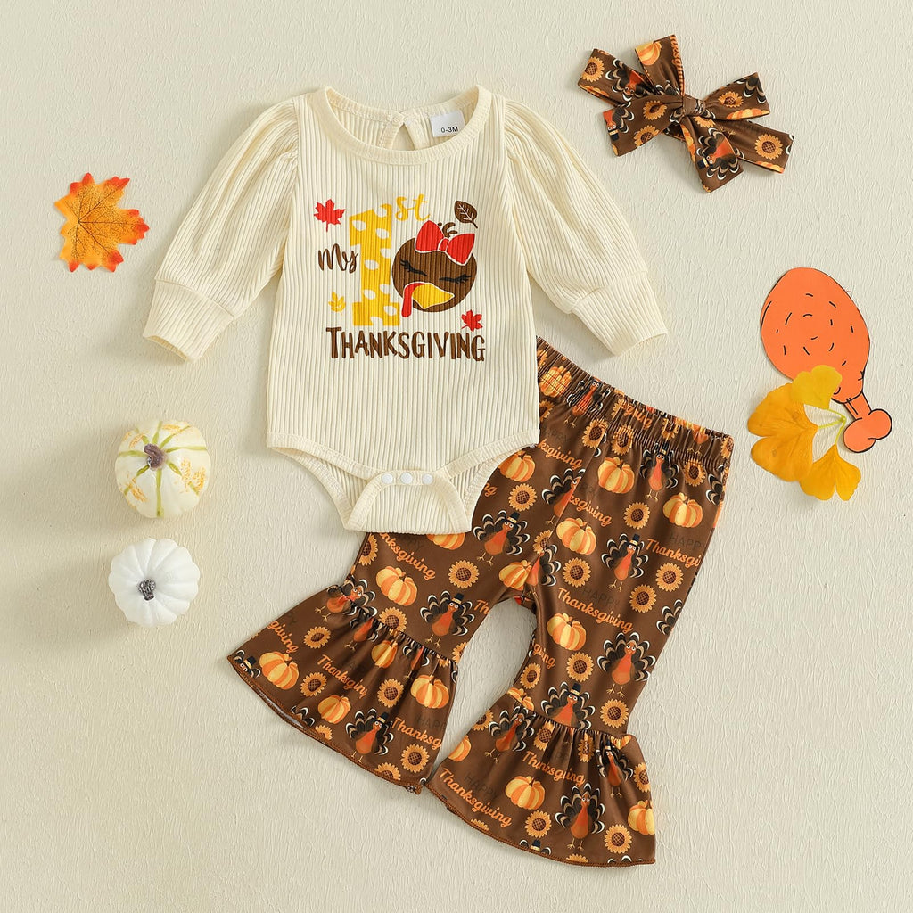 My First Thanksgiving Baby Girl Outfit Newborn Turkey Onesie Bell Bottoms Set Cute Romper Flare Pants Fall Clothes (A