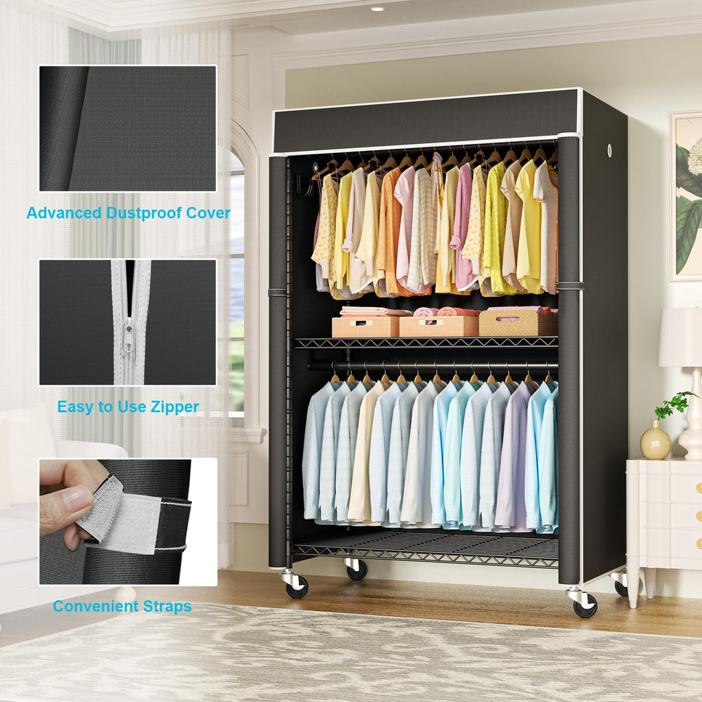 Black Clothing Rack with Black Cover, P1C Plus Rolling Closet