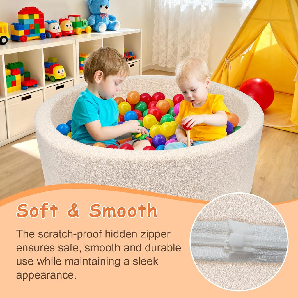 Kids Foam Ball Pit for Toddlers, Teddy Fleece Cover, Beige