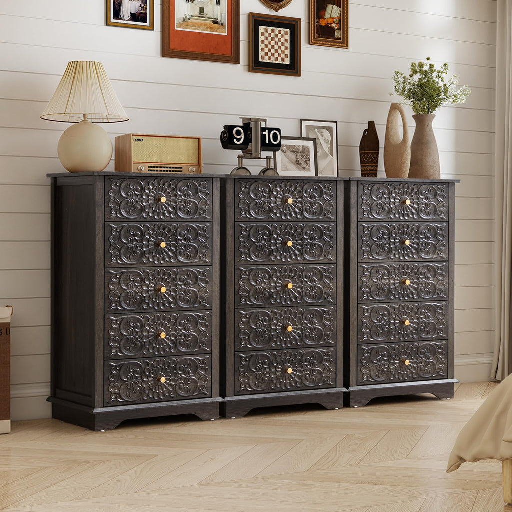 5 Drawer Dresser, 20"W Narrow Chest of Drawers, Black-Brown