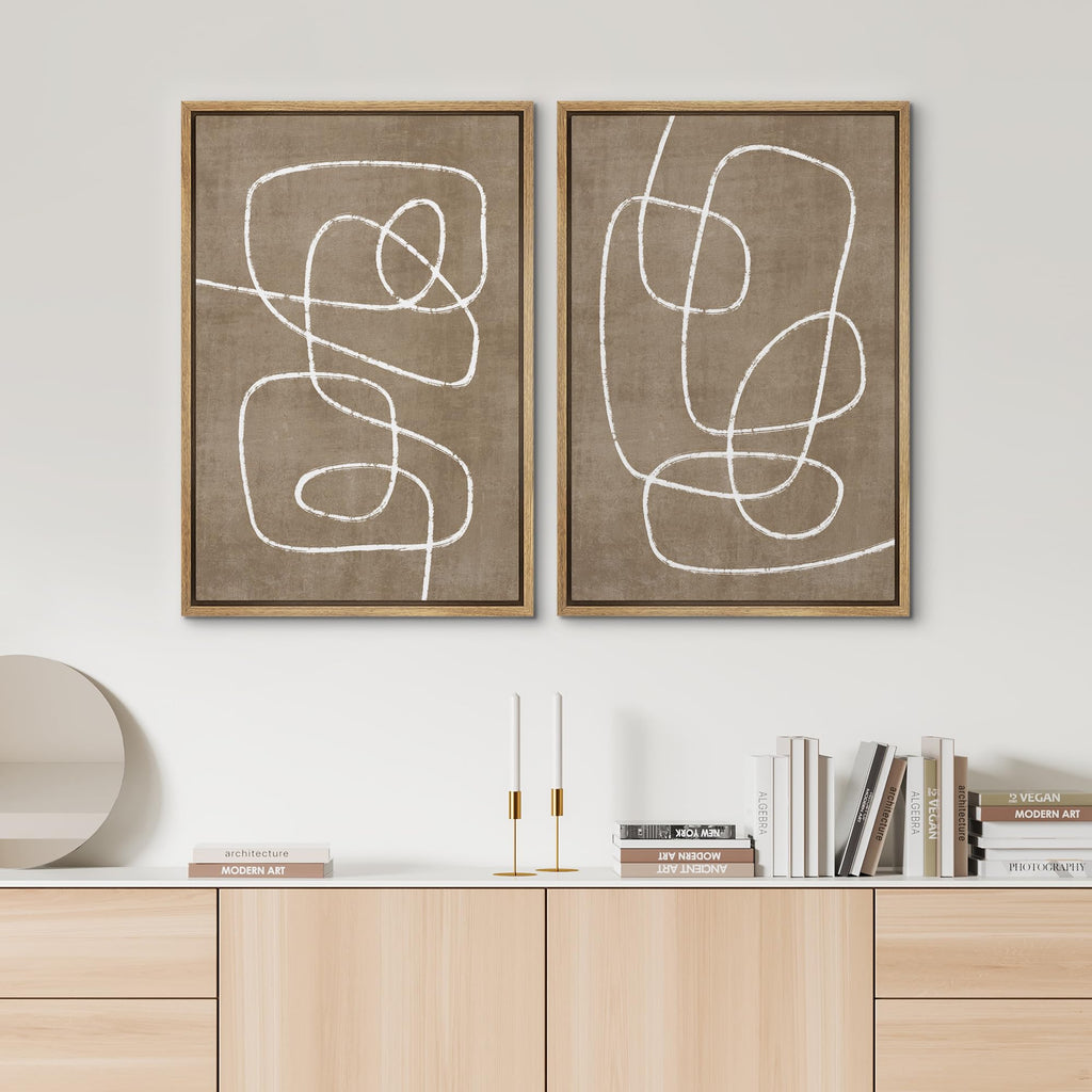 Framed Canvas Print Wall Art Set Geometric Mid-Century Spiral Collage Abstract Shapes Cozy Neutral Minimal Decorative