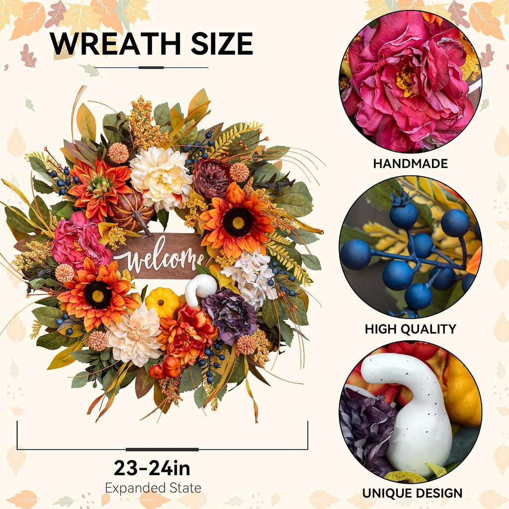 Artificial Harvest Fall Wreaths for Front Door 24 Inch Autumn Wreath