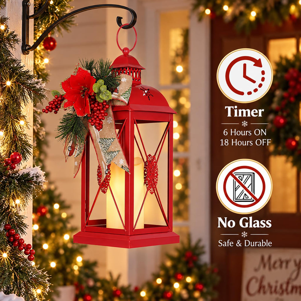 Christmas Decorations, 18" Metal Christmas Lantern with LED Candle and Floral Accents Decor, Decorative Hanging