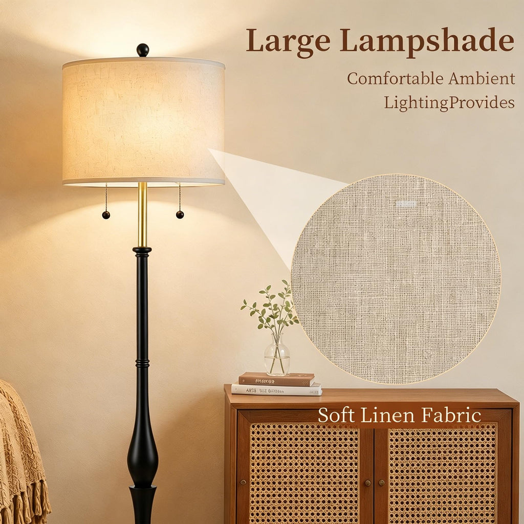Farmhouse Floor Lamp, Solid Wood Standing Lamp, Linen Shade, Black