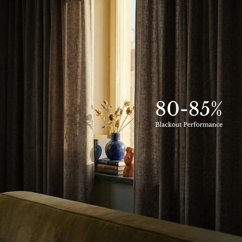 395GSM Heavyweight Pinch Pleat Oatmeal Faux Linen Curtains 84" Long, Room Darkening Thermal Drapes, Double-Sided