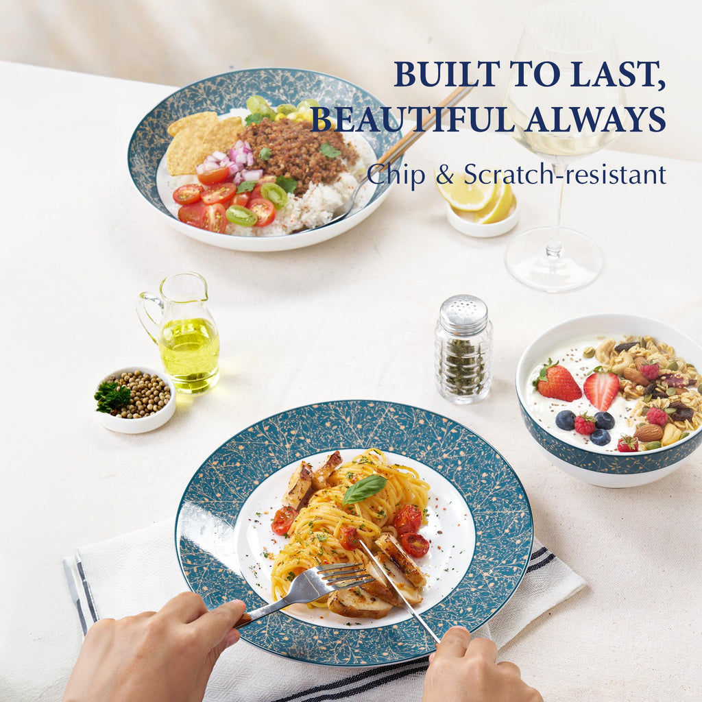 Long 12-PCS Porcelain Dinnerware Set, Plates, Bowls, Service for 4, Chip & Scratch Resistant, Oven Safe up to 482°F