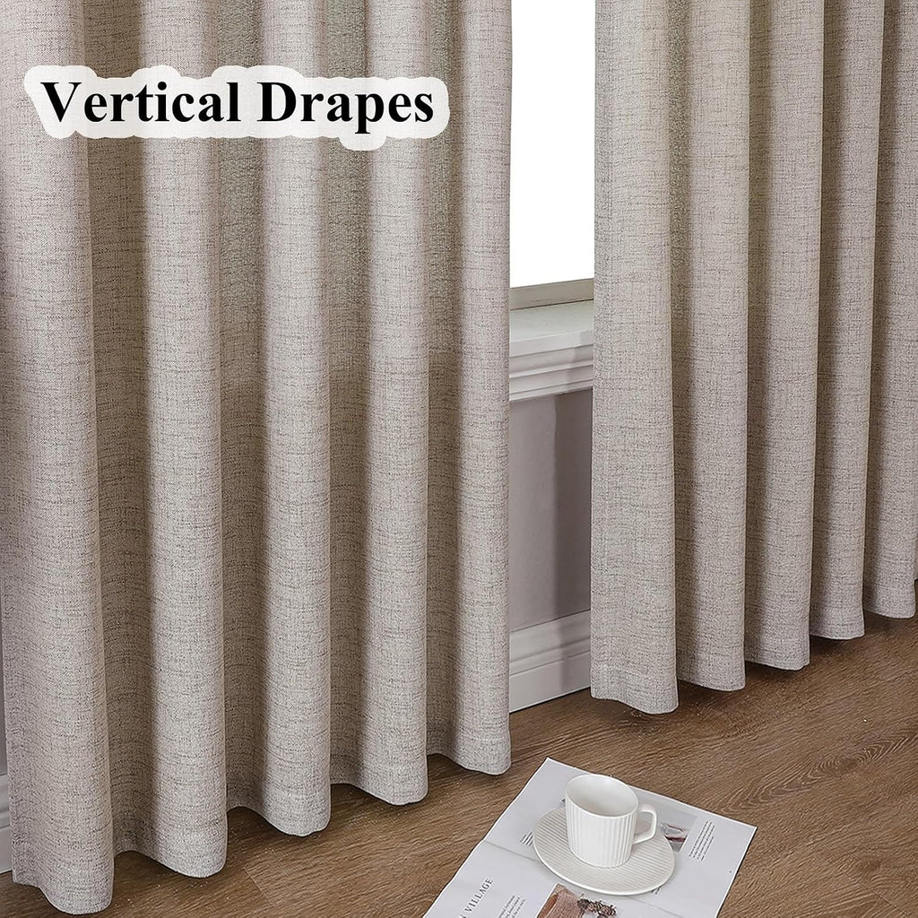 Taupe Flax Linen Pinch Pleat Curtains Drapes 102 Inches Long 2 Panel Thick | Semi Sheers Light Filtering Curtain