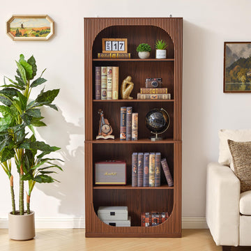 71" Tall Arched Bookcase, 5 Tier Fluted Wood Arched Bookshelf